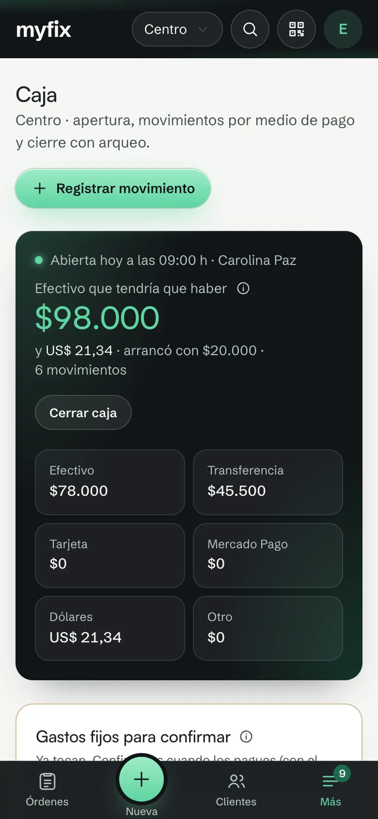 La caja del día en el celular: el efectivo que tendría que haber y lo cobrado por cada medio de pago.