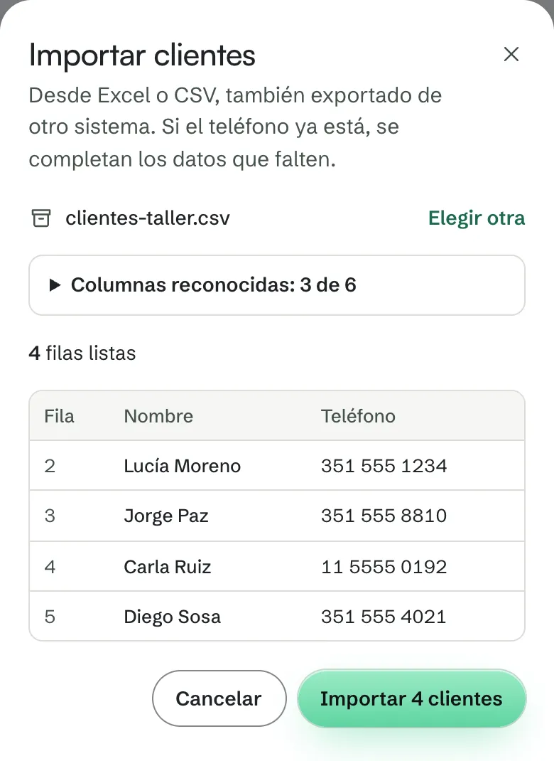El importador de clientes de myfix con esa planilla: reconoció 3 columnas de la planilla y muestra las 4 filas listas para importar.