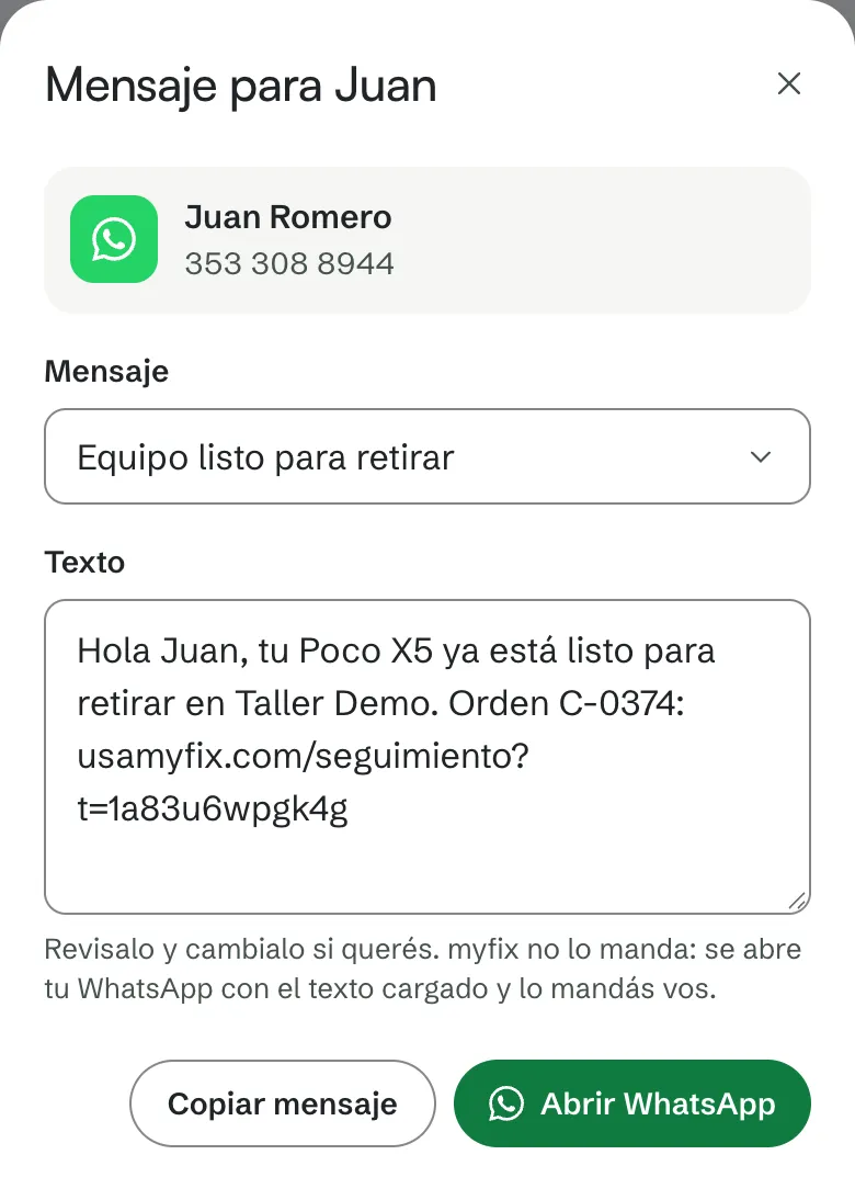 El mensaje de equipo listo para retirar, armado por myfix, con los botones Copiar mensaje y Abrir WhatsApp.